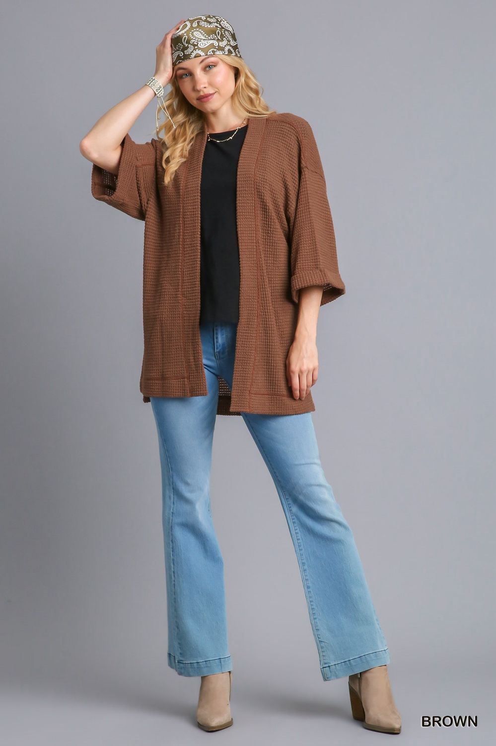 Chunky Waffle Knit Cardigan With Side Slit