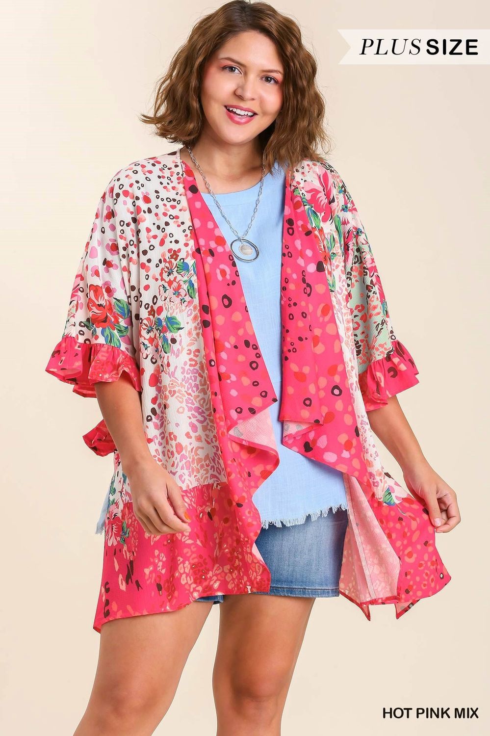 Hot Pink Mixed Print Kimono