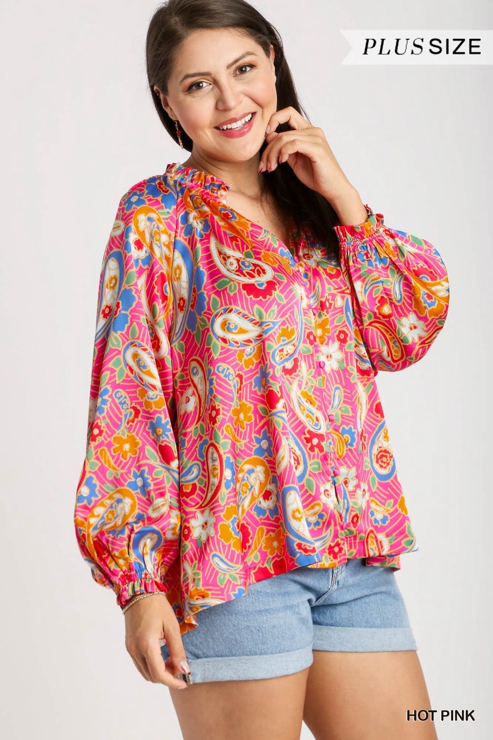 Hot Pink Paisley Ruffle Neck Tie Blouse