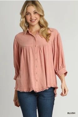 Linen Collared Button Down 3/4 Sleeve Top with Pleated Details &amp; Frayed Hem