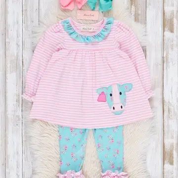 Teal &amp; Pink Floral Embroidered Cow Ruffle Outfit