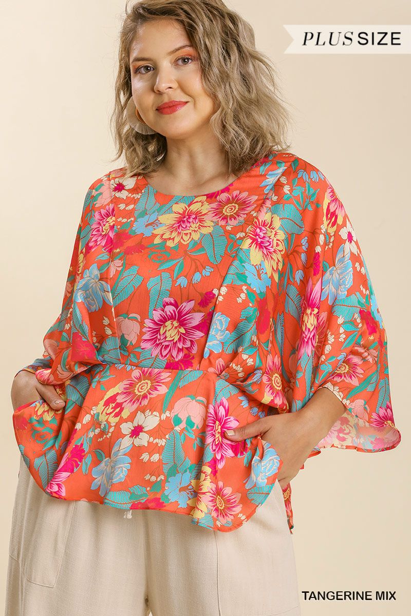 Floral Print Pleated Round Neck Kimono Sleeve Top with Peplum Hem