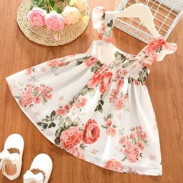 Toddler Girl Floral Square Neck Ruffled Bowknot Design Dress