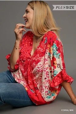 Plus-Floral Animal Print V-Neck Top