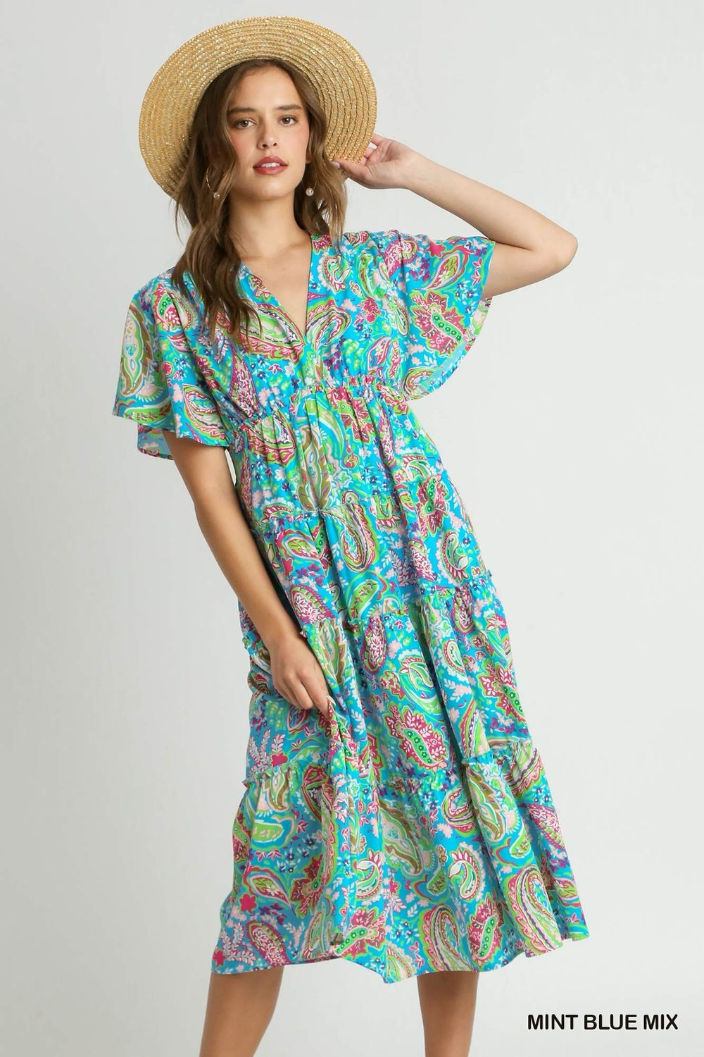 Paisley Tiered Midi Dress with Plunge Neckline