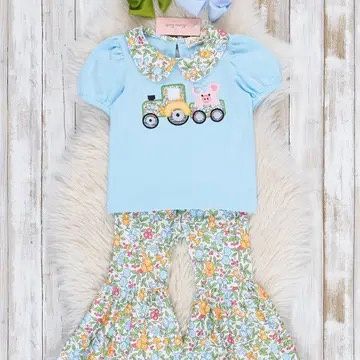 Light Blue Embroidered Piggy Tractor Bell Bottoms Outfit
