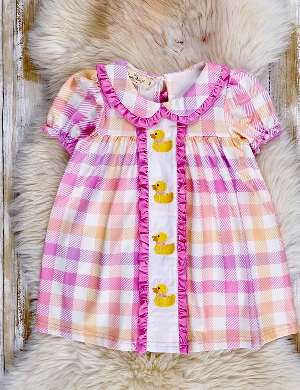 Plaid Embroidered Duckies Ruffle Dress.