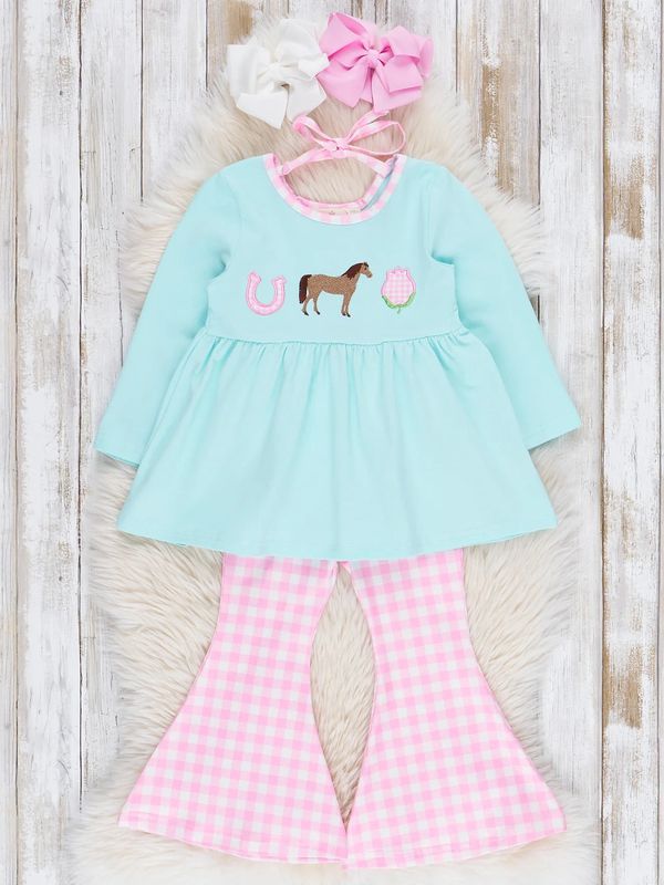 Embroidered Horsing Around Gingham Flare