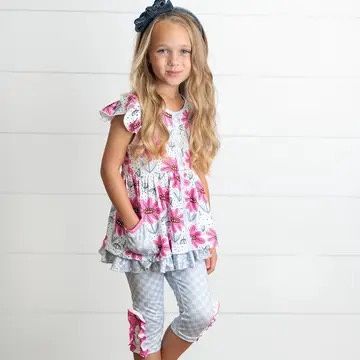 Girls Magenta Flower &amp; Gray Check Pocket Capri Spring Se