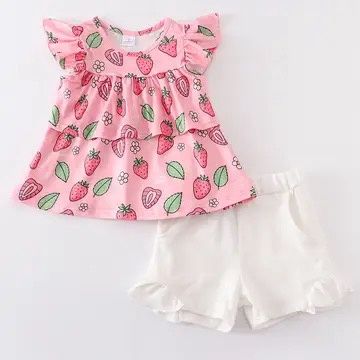 Pink Strawberry Ruffle Shorts Set Set