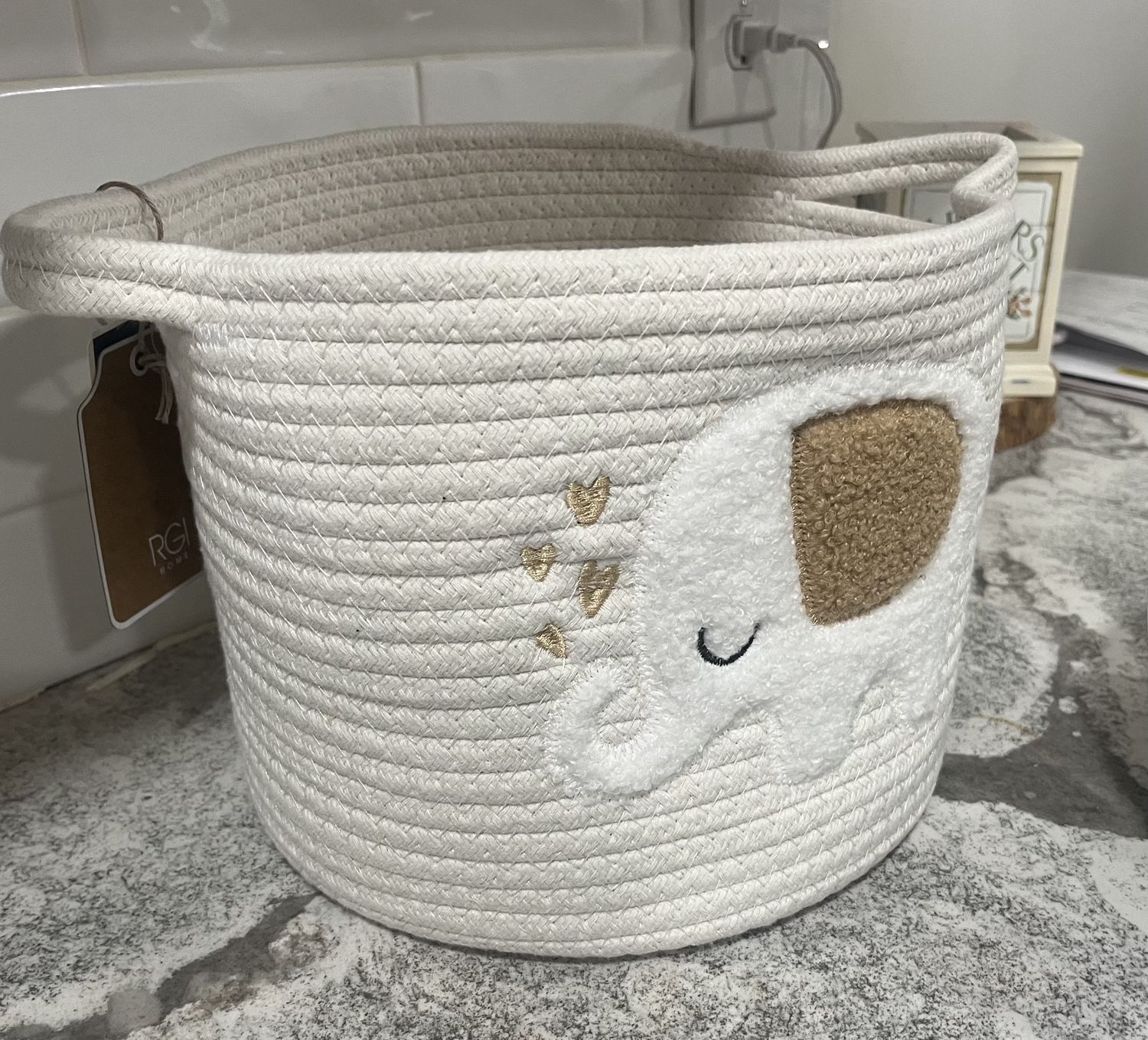 Cream Woven Basket with Elephant Appliqué &amp; Handles