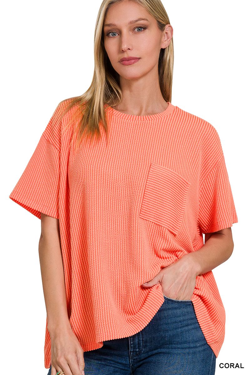 CORDED RIB SHORT SLEEVE FRONT POCKET TOP