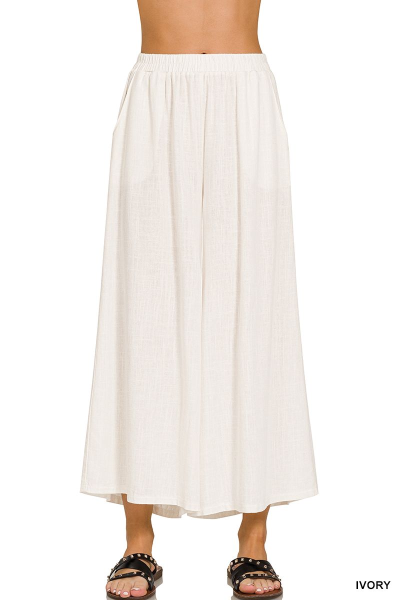 WOVEN PLEATED LINEN BLEND WIDE LEG PANTS