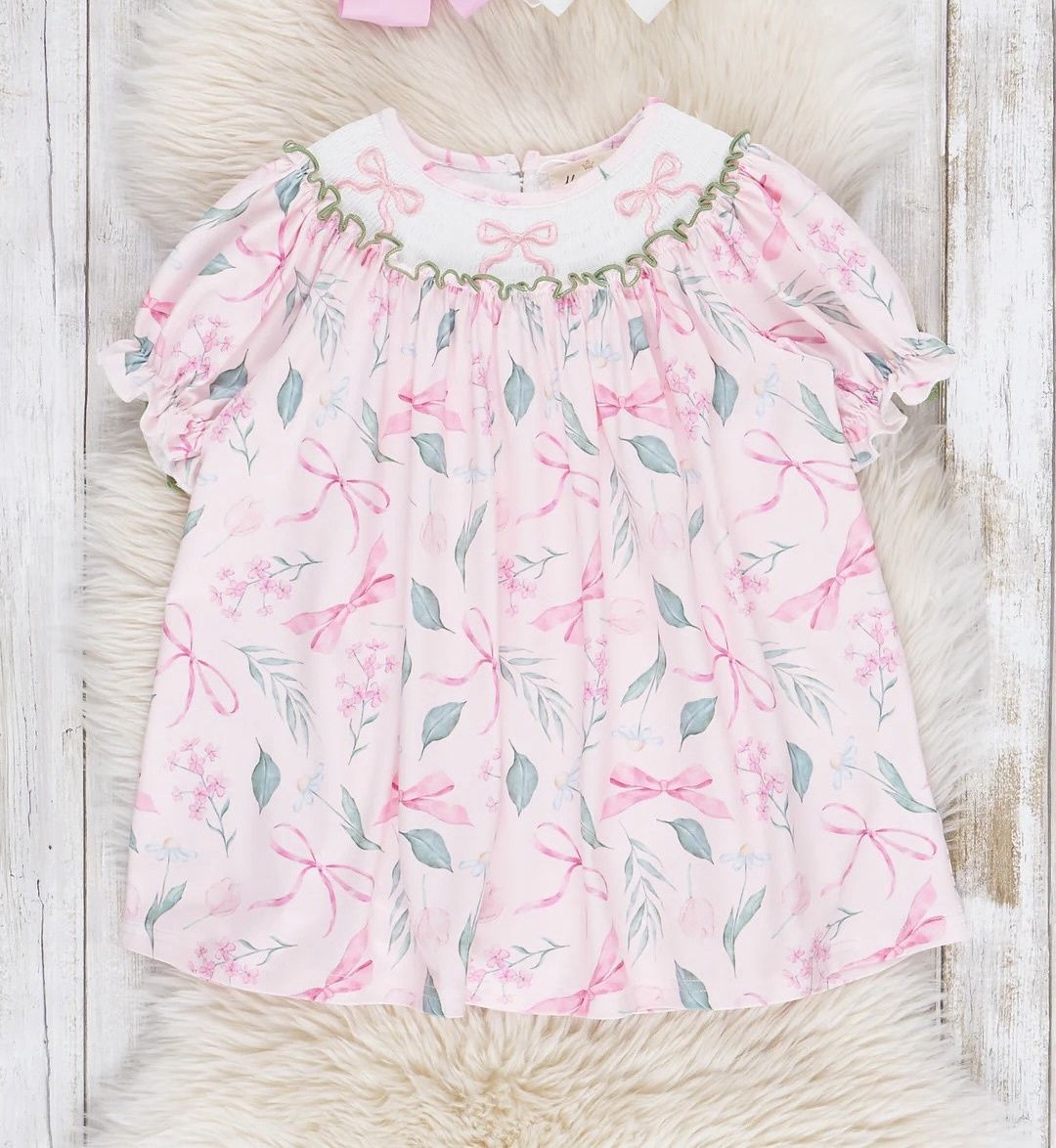 Pink &amp; Green Smocked Bows Dress