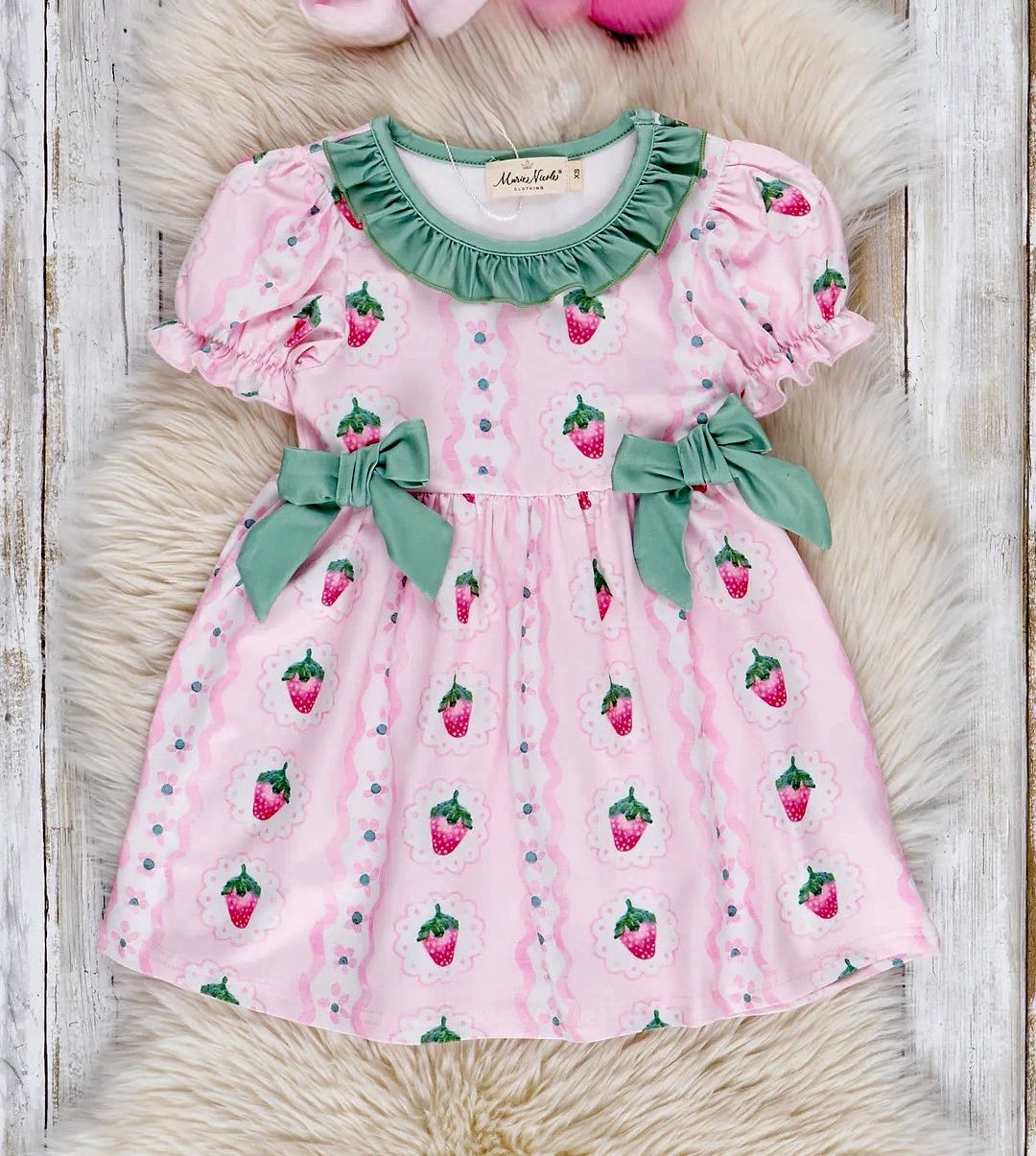 Pink &amp; Green Strawberry Party Ruffle Dress