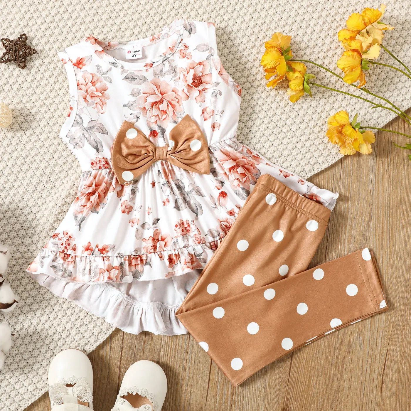 Floral Bowknot Top Polka Dot Pants