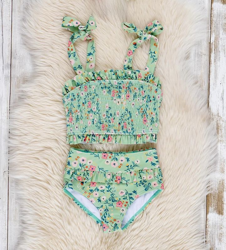 Sage Smocked Poppy Tie 2-Piece Swimsuit.