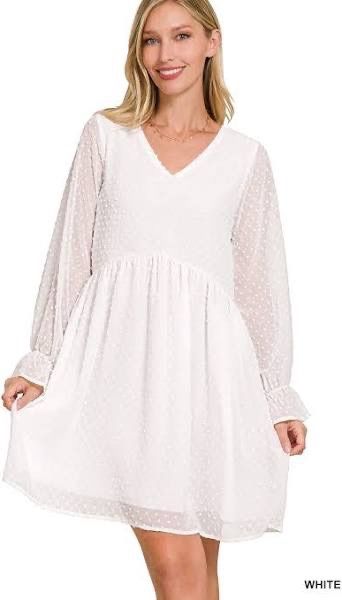 SWISS DOT LONG SLEEVE V-NECK DRESS