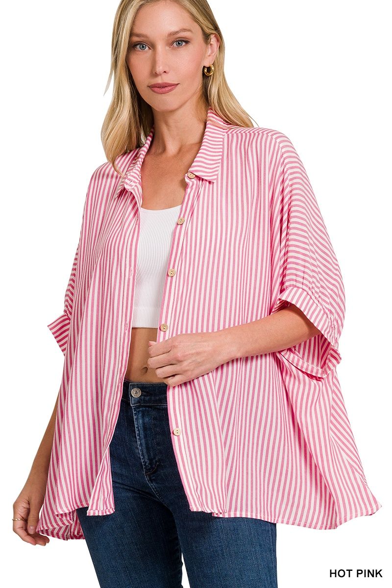 RAYON STRIPED SHORT SLEEVE BUTTON UP SHIRT