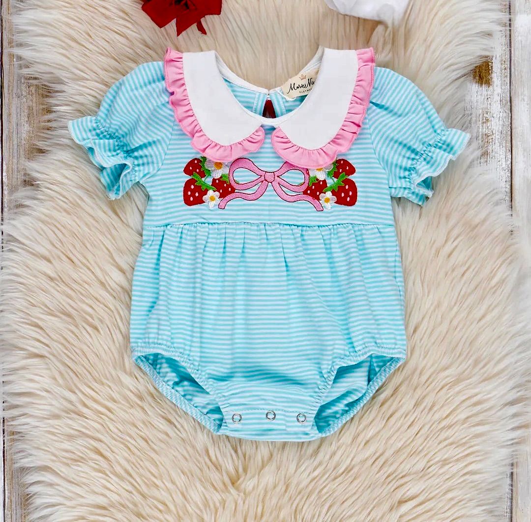 Embroidered Strawberry Bows Ruffle Bubble