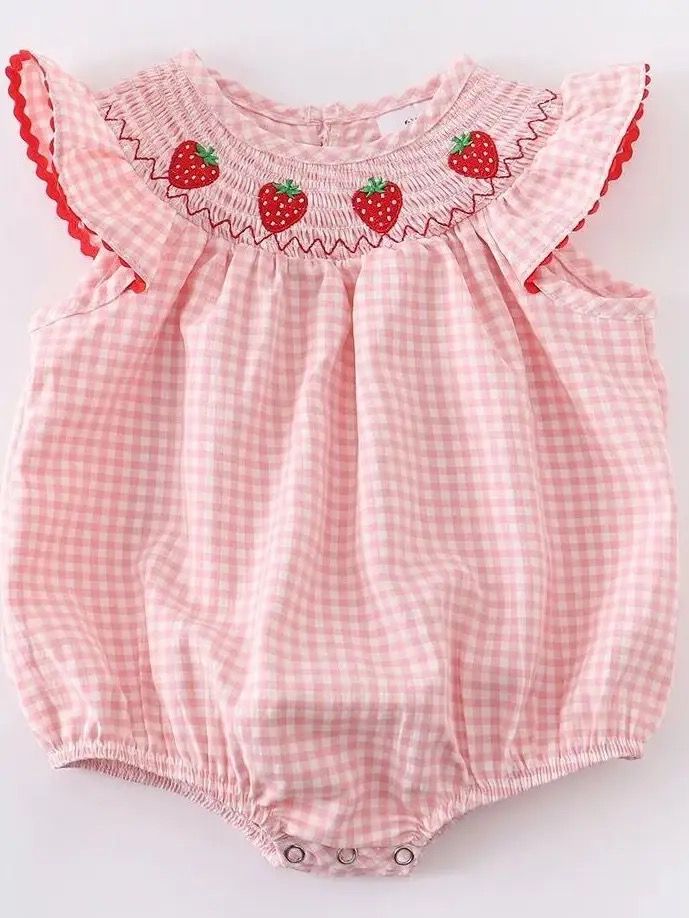 Baby Girls Strawberry Embroidered Plaid Bubble