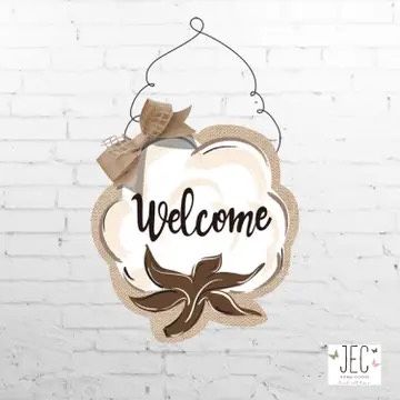 Cotton Boll Welcome Burlap Door Hanger