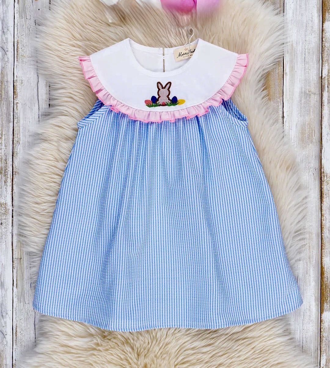 Blue Striped Poplin Bunny Vintage Ruffle Dress