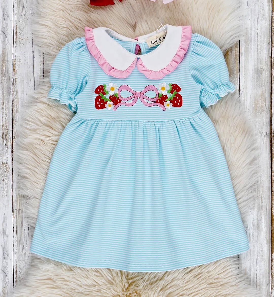 Embroidered Strawberry Bows Ruffle Dress