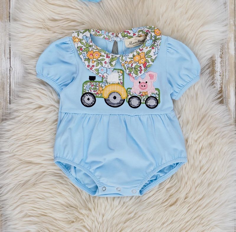 Light Blue Embroidered Piggy Tractor Bubble