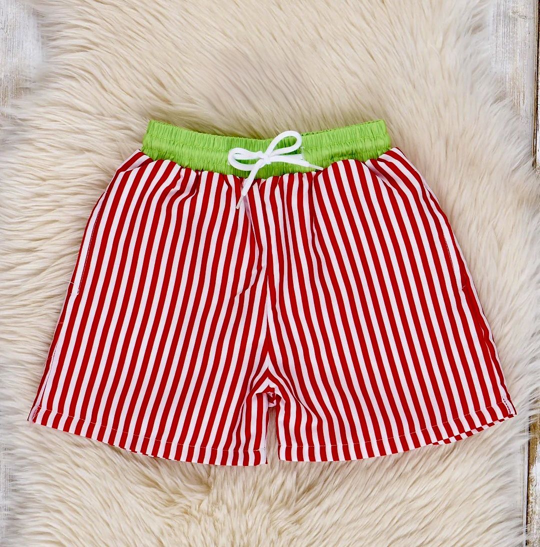 Red &amp; Lime Striped Swim Trunks