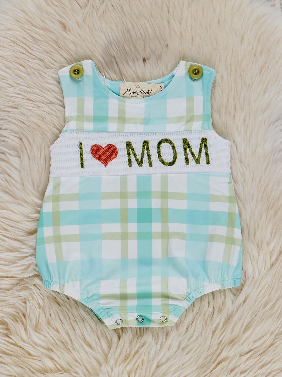 I Love Mom Plaid Smocked Bubble