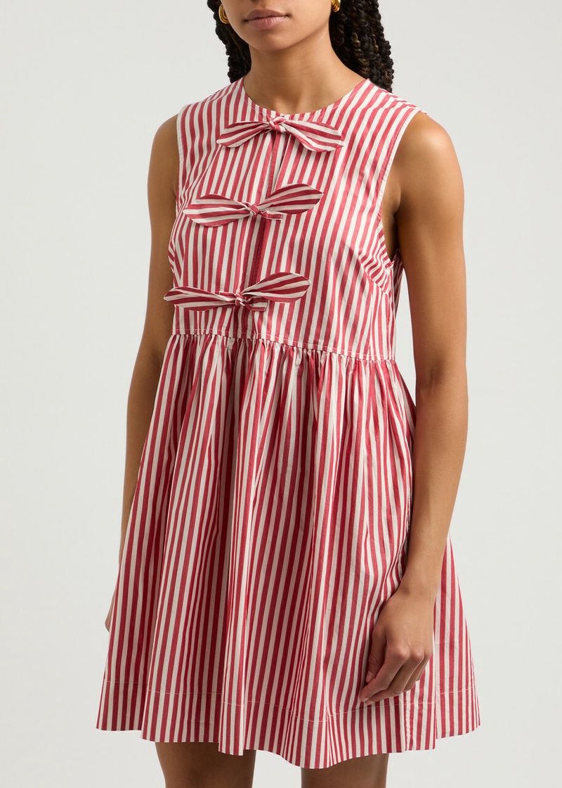 Sleeveless Cotton Red Ticking Dress with Pockets