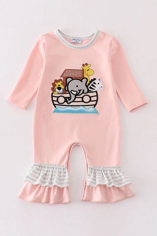 PINK NOAH&#39;S ARK EMBROIDERY STRIPE GIRL ROMPER