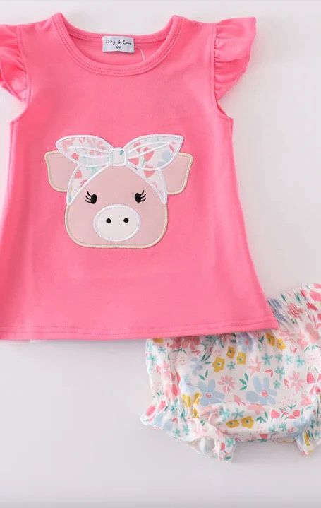 PINK FLORAL PIG APPLIQUE BLOOMER SET