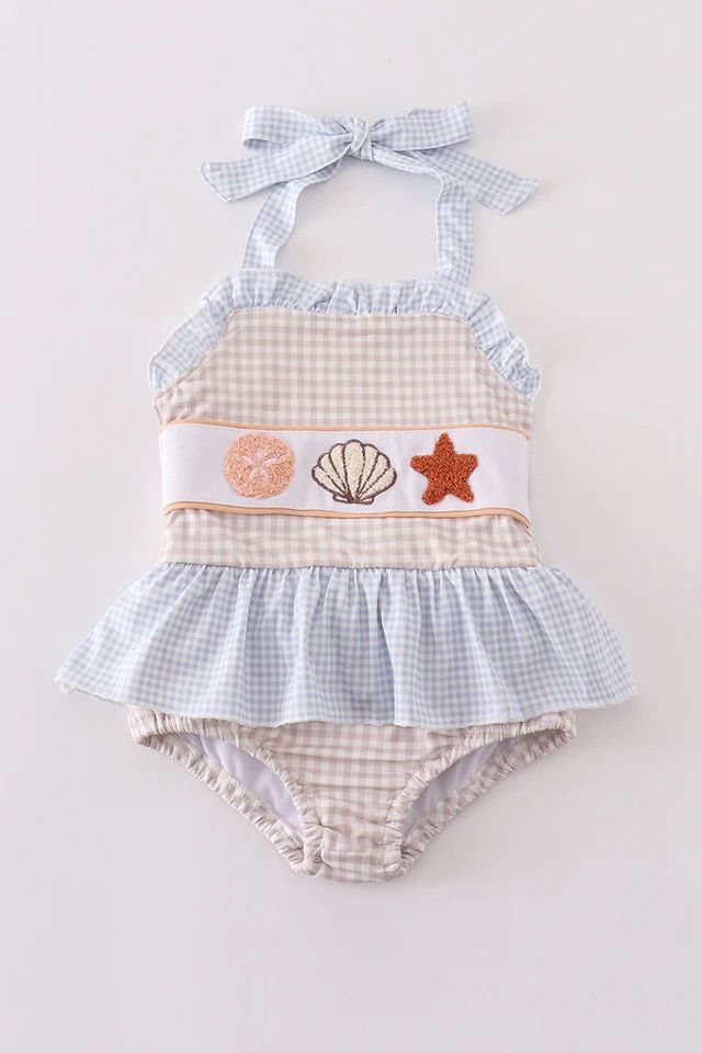 KHAKI SHELLS STARFISH FRENCH KNOT GIRL SWIMSUIT