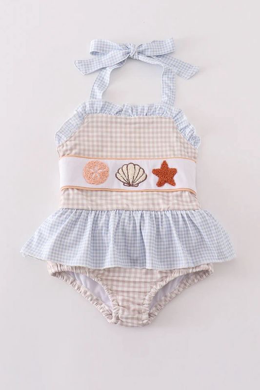 KHAKI SHELLS STARFISH FRENCH KNOT GIRL SWIMSUIT