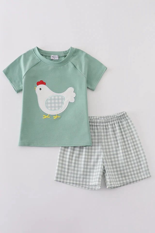 GREEN CHICKEN APPLIQUE BOY SET