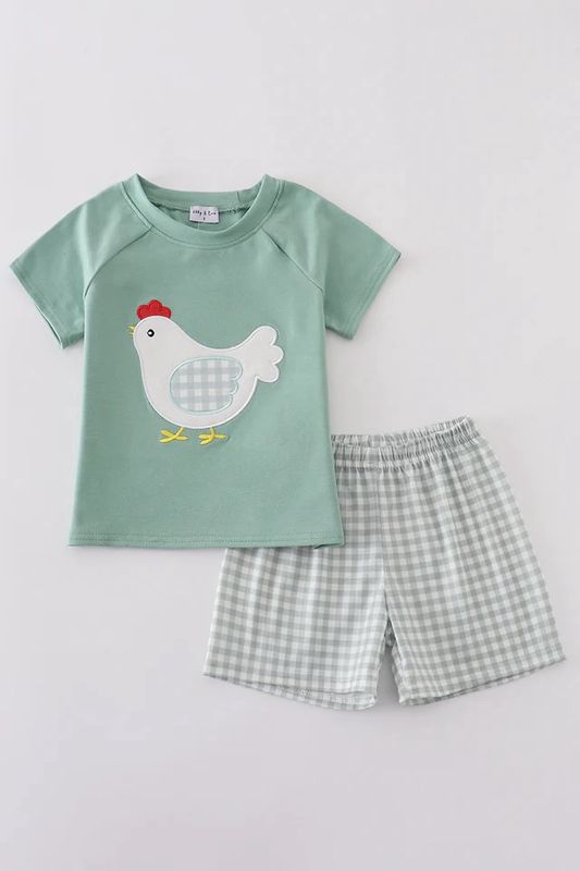 GREEN CHICKEN APPLIQUE BOY SET