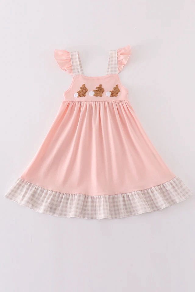 PINK EASTER BUNNY FRENCH KNOT GIRL DRESS.