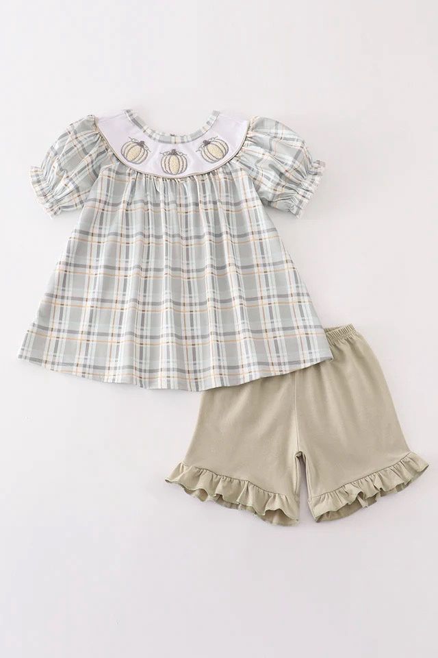 PUMPKIN FRENCH KNOT PLAID GIRL SET