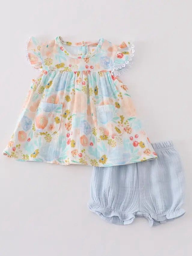 Premium Blue &amp; pink muslin floral ruffle baby set