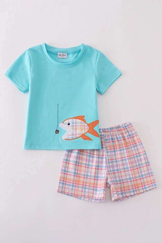 BLUE PLAID FISH EMBROIDERY SET