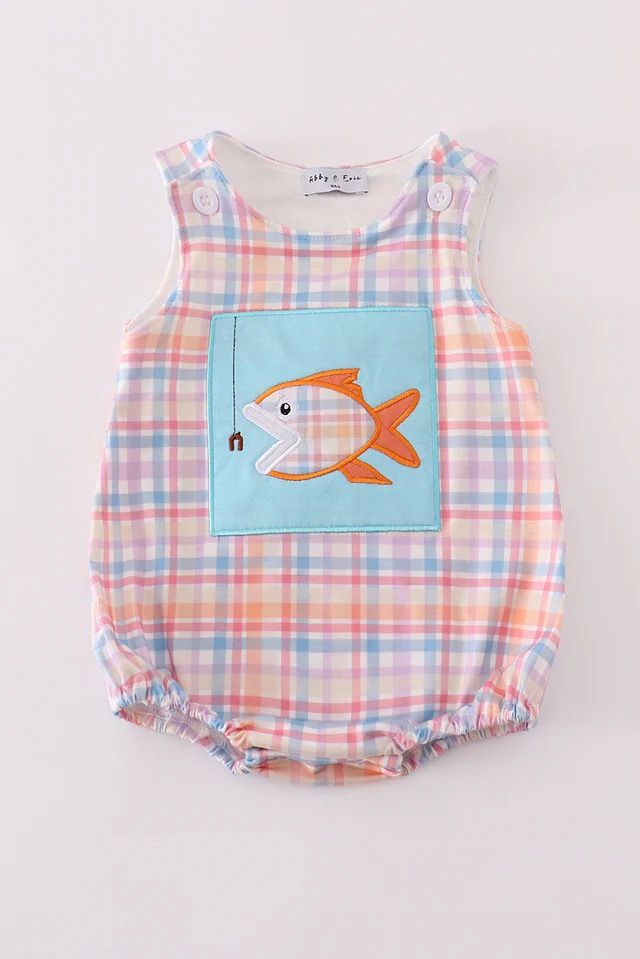 BLUE PLAID FISH EMBROIDERY BUBBLE