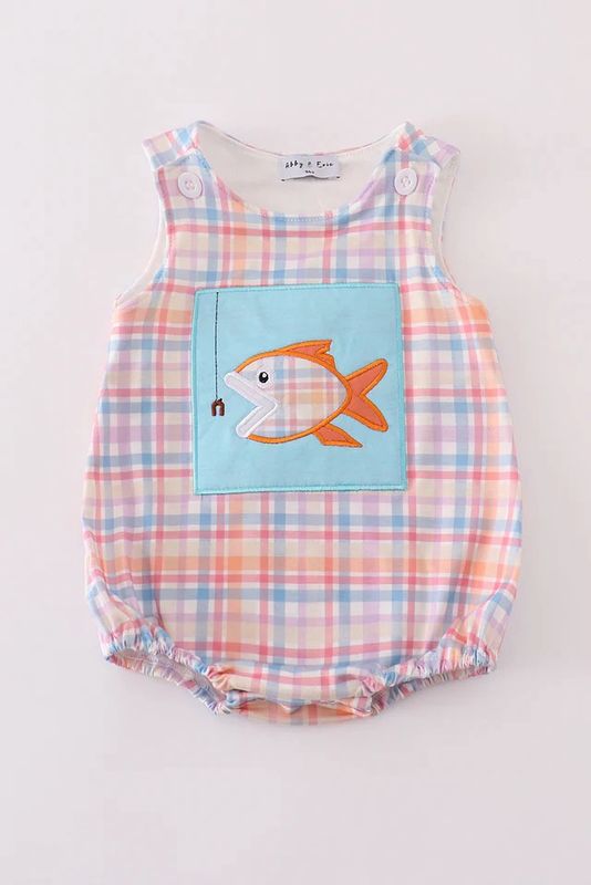BLUE PLAID FISH EMBROIDERY BUBBLE