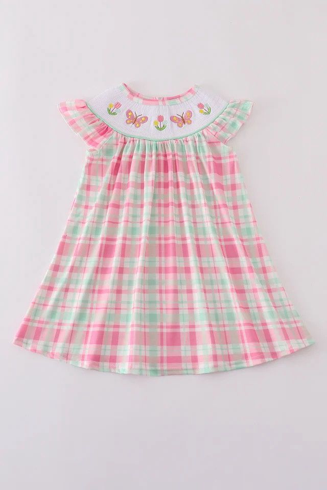 PINK FLORAL BUTTERFLY EMBROIDERY SMOCKED DRESS