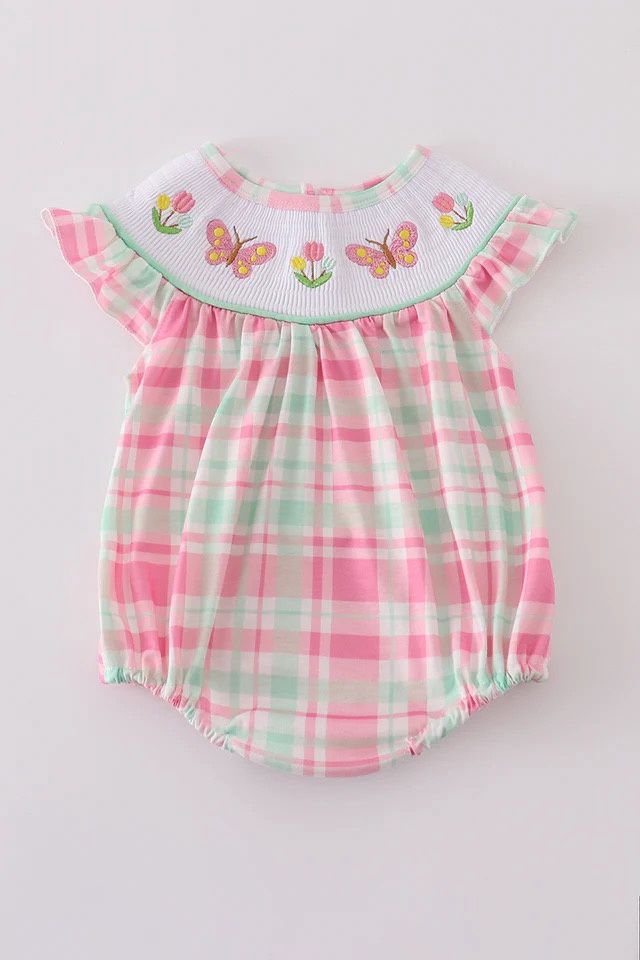 PINK FLORAL BUTTERFLY EMBROIDERY SMOCKED PLAID BUBBLE