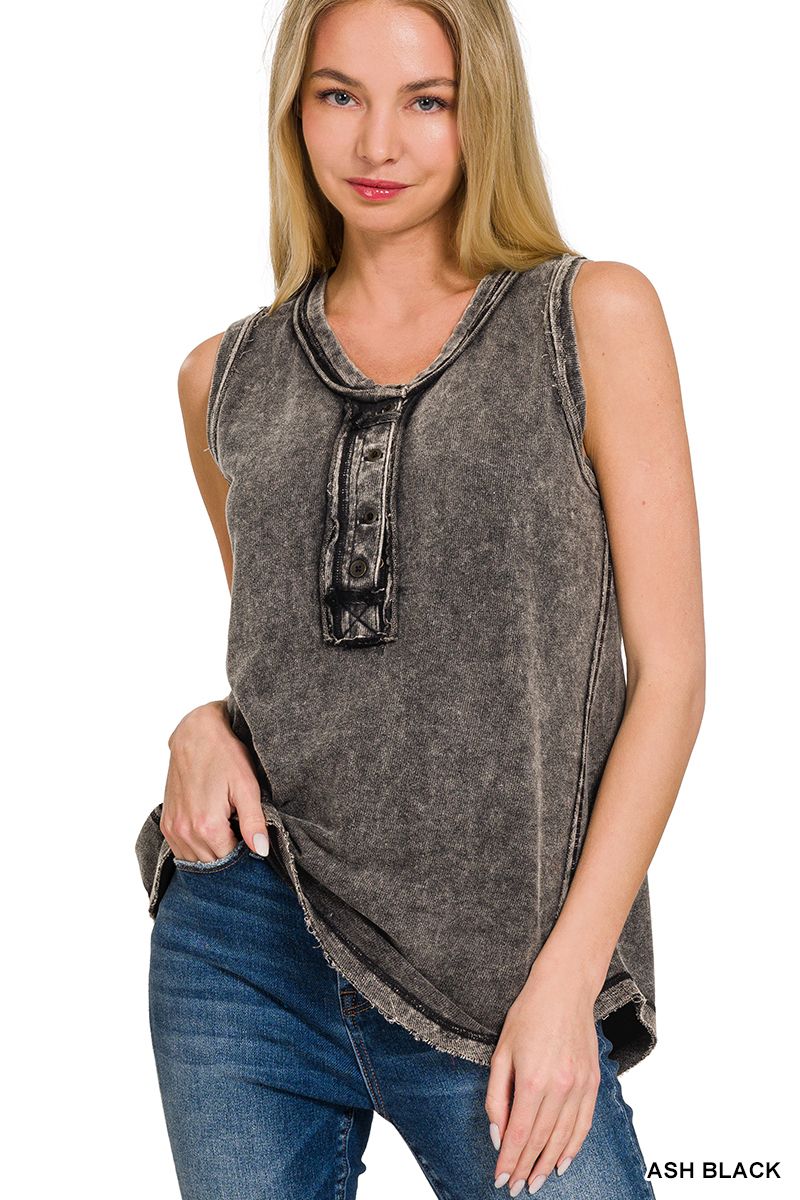 WASHED HALF-BUTTON RAW EDGE SLEEVELESS HENLEY TOP.
