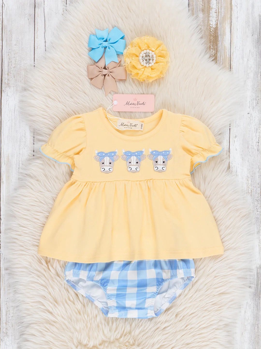 Embroidered Cows Gingham Bloomers Outfit