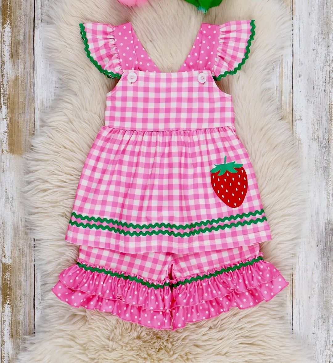 Pink Gingham Strawberries Bloomers Outfit