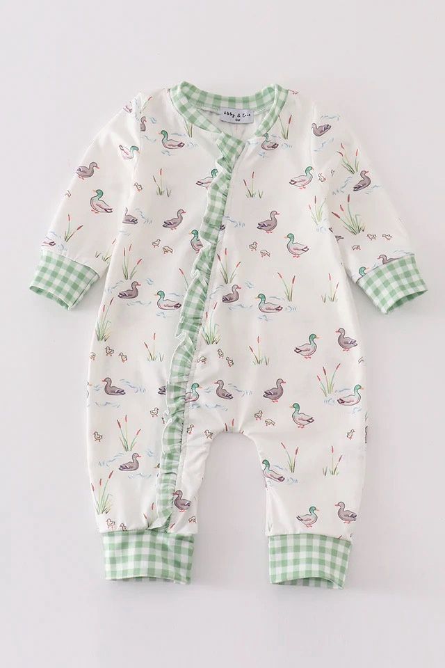 SAGE DUCK PRINT RUFFLE ZIP GIRL ROMPER